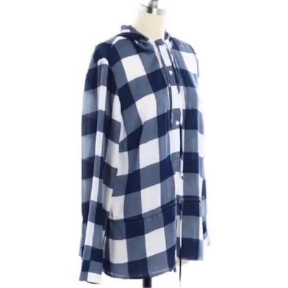 Michael Kors Blue White Checked Hooded Henley - Picture 2 of 8